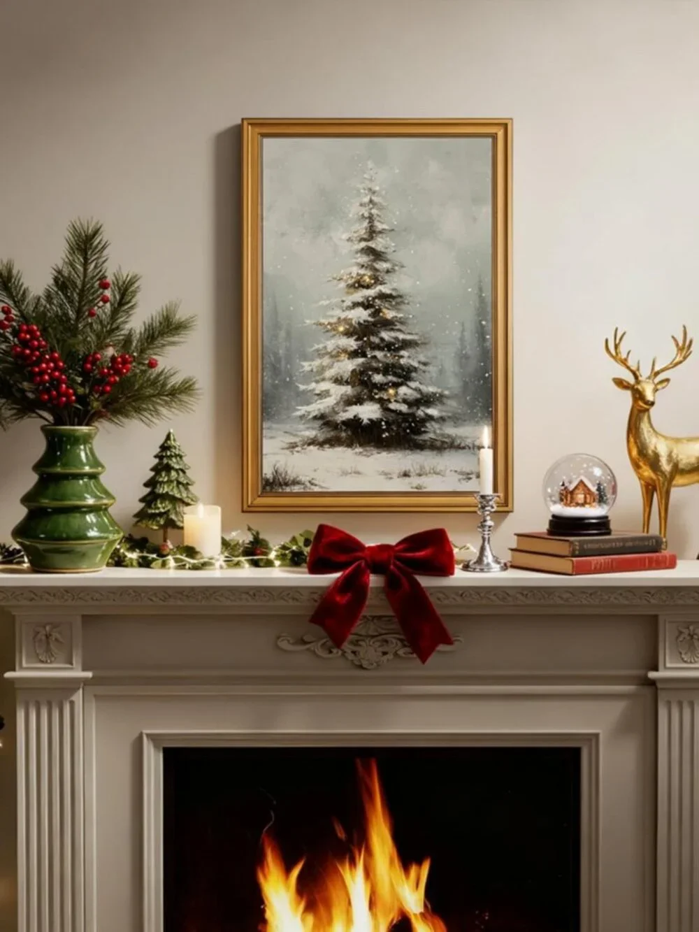 Vintage Christmas Tree Wall Art - Gold Framed Holiday Decor, 16x24 Inch